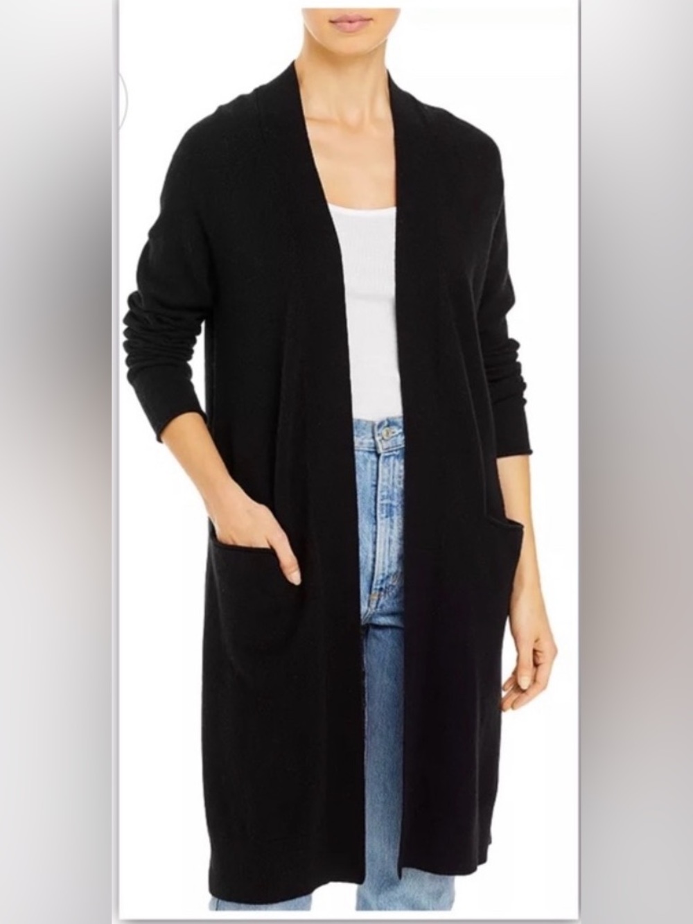 Bloomingdale's 100% Cashmere Black Long Open Cardigan Size L